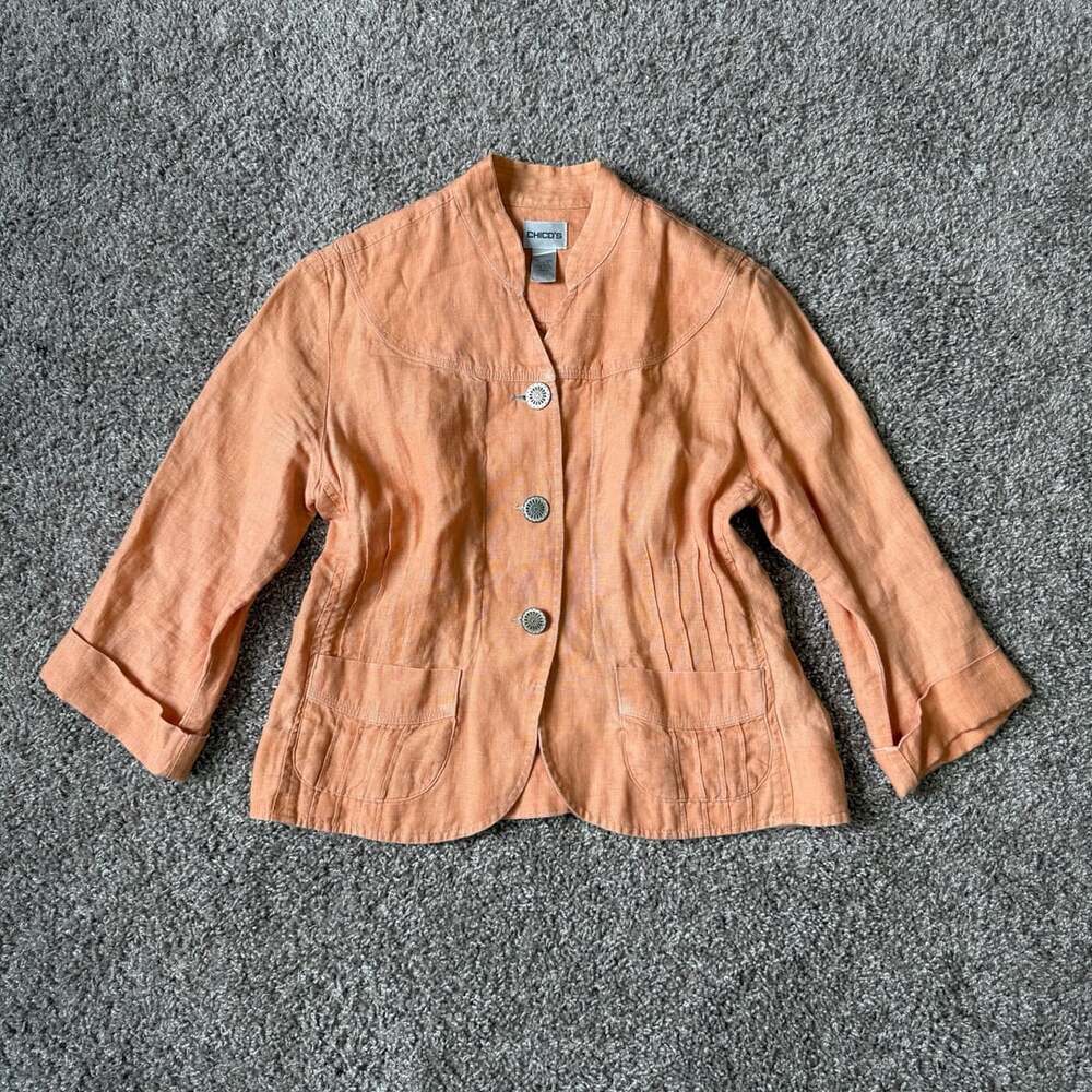 Chico's Orange 100% Linen Button Front Jacket Preppy Autumn Layering Office